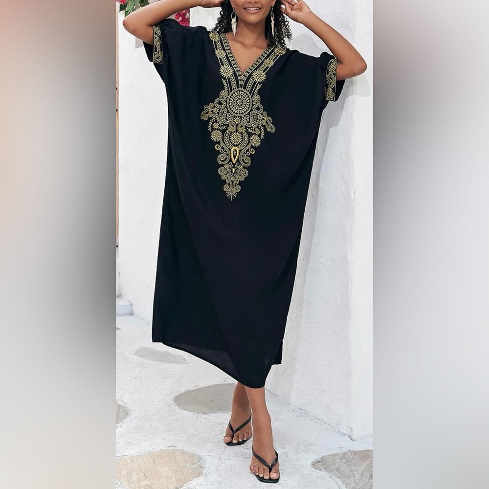 Black & Gold Caftan & Maxi Dress & Swimsuit Cover | OS | NWT | Stunning